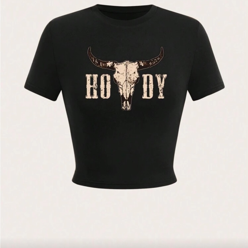 Black Graphic Crop Top with Bull Skull Design